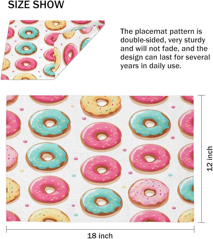 Sweet Doughnuts Placemats Set of 6, Washable Linen Place Mats, Colorful Donut Pattern Table Mats for Kitchen Dining Table Decor Heat Resistant Tablemats 12x18