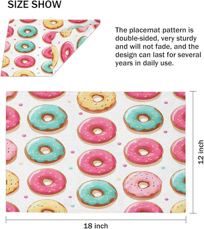 Sweet Doughnuts Placemats Set of 6, Washable Linen Place Mats, Colorful Donut Pattern Table Mats for Kitchen Dining Table Decor Heat Resistant Tablemats 12x18