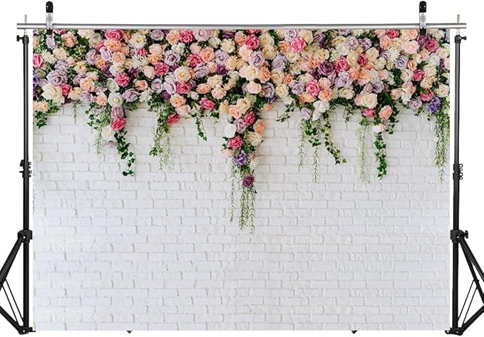 7X5FT White Brick with Flowers Backdrop Occasions Mother's Day Wedding Bridal Shower Birthday Party Banner Background Supplies DH-357