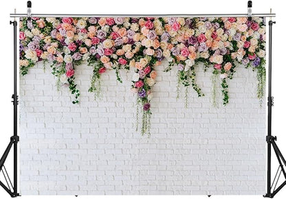 7X5FT White Brick with Flowers Backdrop Occasions Mother's Day Wedding Bridal Shower Birthday Party Banner Background Supplies DH-357