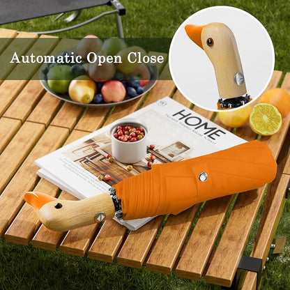 Cute Duck Umbrella Automatic - Compact Pretty Pocket Size Strong Duck Collapsible Umbrella Yellow Wooden Handle for Women