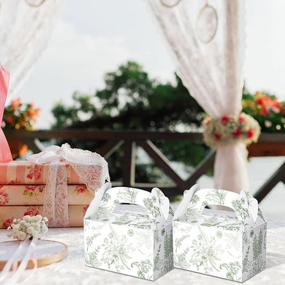 Dunzoom 24 Pack Sage Green Floral Paper Gift Boxes Party Favor Gift Gable Boxes with Chinoiserie Floral Printed Candy Treat Box for Wedding Birthday Tea Bridal Shower Party