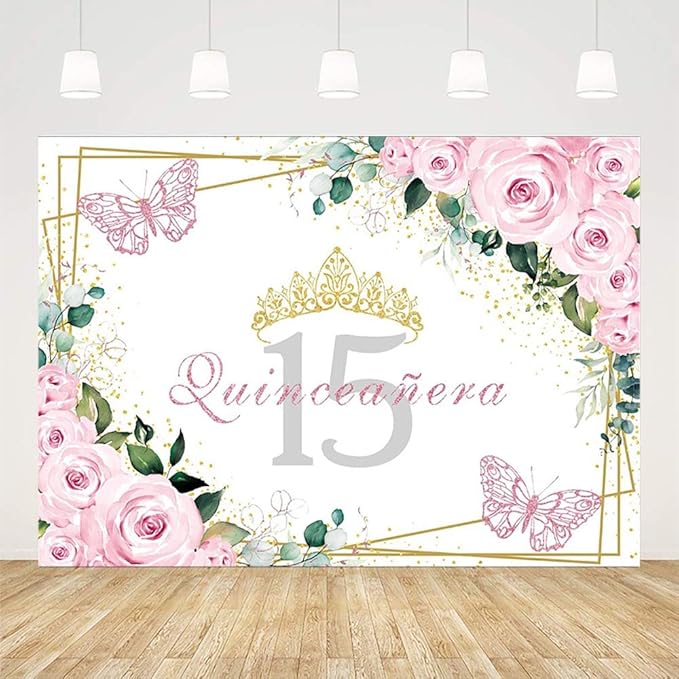 SENDY 10x7ft Quinceañera Backdrop Mis Quince 15 Anos Birthday Party Decorations Supplies for Girl Princess Pink Floral Butterfly Gold Crown Photography Background Banner Photo Booth Studio Props