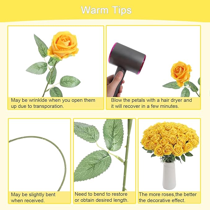 50Pcs Yellow Roses Artificial Flowers Fake Roses Faux Velvet Silk Flower for Home Wedding Decoration (Pearl Rose, Yellow)