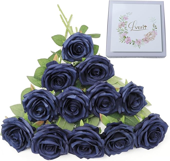 Artificial Rose Flower Navy Blue Flowers Navy Blue Roses Silk Flowers 12 pcs with Long Stem Silk Roses Bouquet for Wedding Bridal Shower Party Home Decoration
