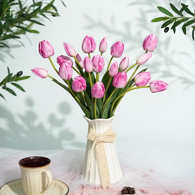 Real Touch Artificial Tulips, 20pcs Fake Tulip Flower Stem, PU Faux Tulip 19.7” for Mother's Day Easter Valentine's Gift, Home Decor Wedding, Table Centerpiece Floral Creation, Pinkish Purple