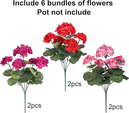 Artificial Geraniums Fake Flowers for Outdoors Decoration, 6 Bundles Silk Geraniums Flower UV Resistant Look Real Faux Plants for Front Door Garden Porch Planter Patio Balcony Yard Indoor Home, Mix