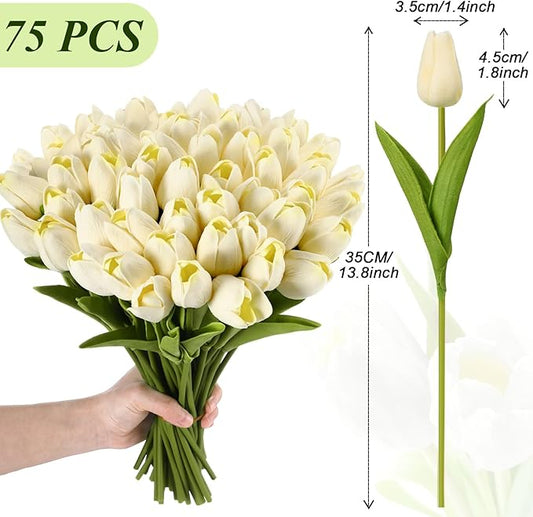 Janinka 75pcs Artificial Tulip Flowers Fake PU Tulips Faux Latex Bouquet Flower Centerpieces Arrangement Floral for Mother Day Wedding Spring Decorations (Milk White)