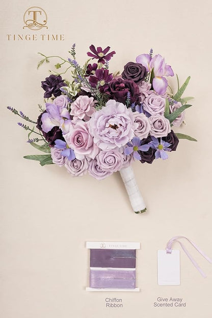TINGE TIME 17 Inch Artificial Bridal Bouquet Realistic Silk Wedding Bouquet, Durable Fake Flowers for Brides, Bridesmaids, Home Decor, and Events (Lavender & Plum)