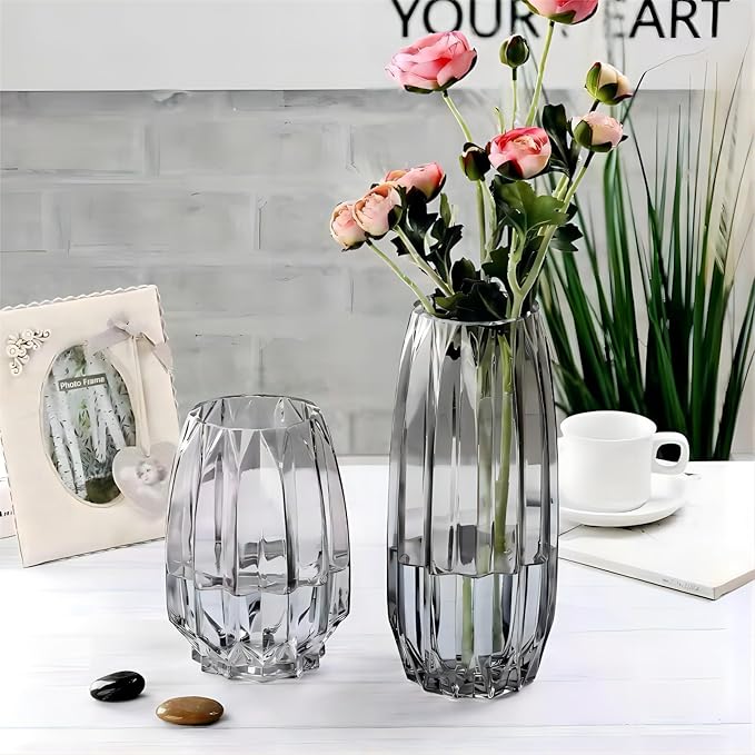 Large Flower Vase,11 inch,GIDARY Thickened Clear Ribbed Glass Vase for Bookshelf,Dinner Table,Indoor Office Desktop,Meeting Room,Home Christmas Day Decoration
