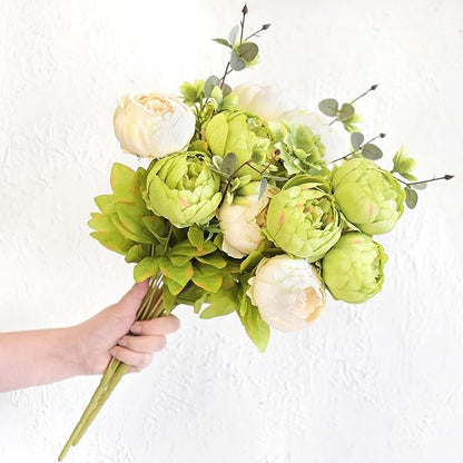 FiveSeasonStuff Mixed Cream Beige and Moss Green Vintage Artificial Silk Flower Peonies 2 Bouquets Floral