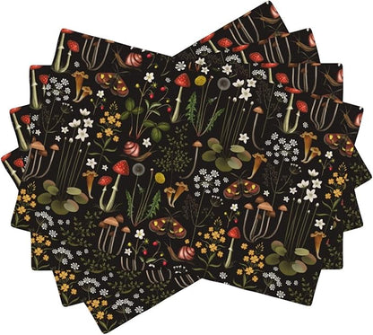 Mushroom Placemats Set of 4,Vintage Forest Moth Table Mats Heat Resistant Washable for Kitchen Dining Table Spring Summer Place Mats Linen 12x18 Inch 4 PCS, Style-4