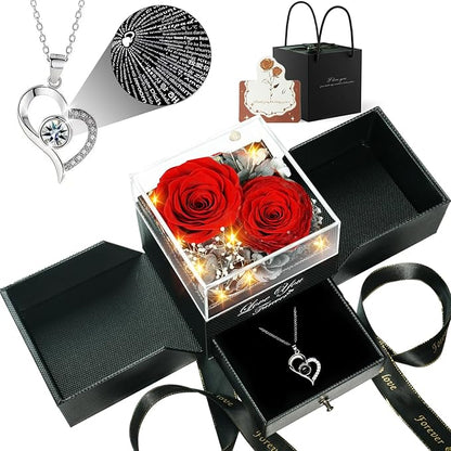 Birthday Gifts for Women, Preserved Real Roses with Heart Necklace I Love You in 100 Languages, Anniversary Wedding Gifts for Women Her Girlfriend Wife, 2 Red Forever Roses Necklace Gift Box