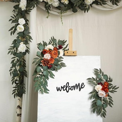 Orange Wedding Arch Flowers, Faux Flower Swag Set of 2, Orange White Floral Swag for Wedding Arch Welcome Signs, Reception Ceremony Signs Decor