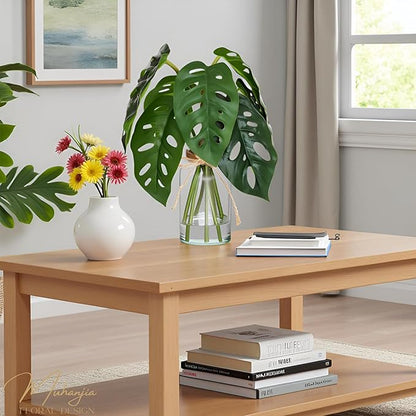 Artificial Flowers Turtle-Back, Alocasia Leaf, in Glass Vase with Faux Water,7Pcs Artificial Leaves Real Touch Latex Leaves for Centerpiece (2, Turtle-Back&Alocasia Leaves)