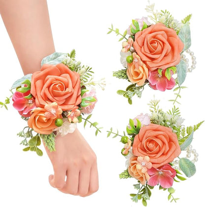 TINGE TIME Set of 2 Wrist Corsage Bracelets Pearl Wristlet Band Bridesmaid Bracelet for Wedding Ceremony Bridal Shower Wedding Artificial Flower Prom (Tropical)