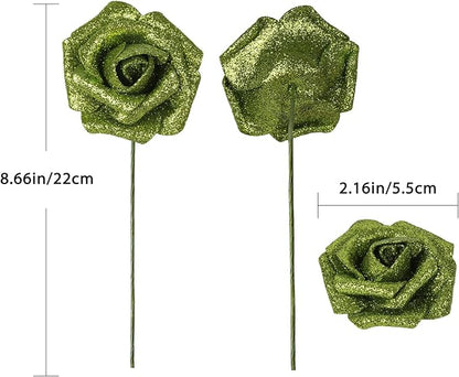 Green Glitter Foam Roses Artificial Flowers 30 PCS Artificial Flowers 2.17 in Glitter Flowers with Stem for DIY Wedding Bridal Bouquet Party Centerpieces Decor(Green)