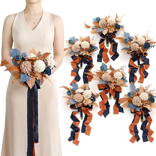Ling's moment Artificial Flowers Orange & Navy Bridesmaid Bouquet Set of 6, Orange Wedding Flowers Bouquets for Bridesmaids, 7 Inch Bridal Bouquets for Bridesmaids, Wedding, Decor, etc