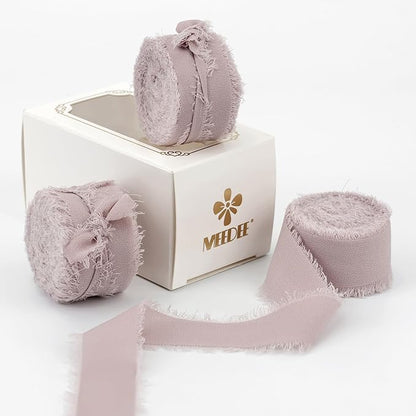 MEEDEE Dusty Rose Chiffon Ribbon 1 Inch Fringe Ribbons Pink Chiffon Silk Frayed Edge Ribbon Thin Chiffon Ribbons for Crafts, Gift Wrapping, Wedding Invitation (3 Rolls 21 Yards)