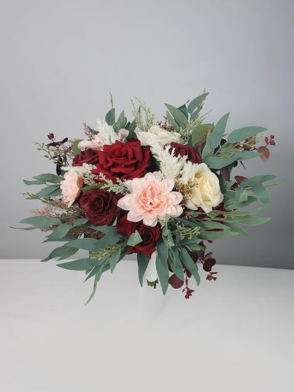 Rinlong 13.5" Wide Fall Wedding Bouquets for Bride Burgundy Bridal Bouquet for Wedding Wine Boho Dried Pampas Artificial Flowers Bouquets