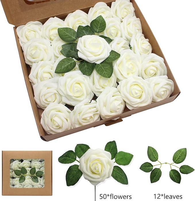Artificial Roses Flowers 50pcs Real Looking Foam Fake Roses with Stems for DIY Wedding Bouquets Bridal Shower Centerpieces Party Decorations (50, Milk White)