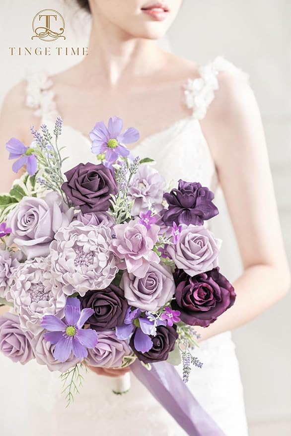 TINGE TIME 11 Inch Wedding Bouquets for Bride, Lavender&Plum Artificial Flowers Bouquet, Brides & Bridesmaids Bouquet for Wedding Anniversary Ceremony Bridal Shower Decorations