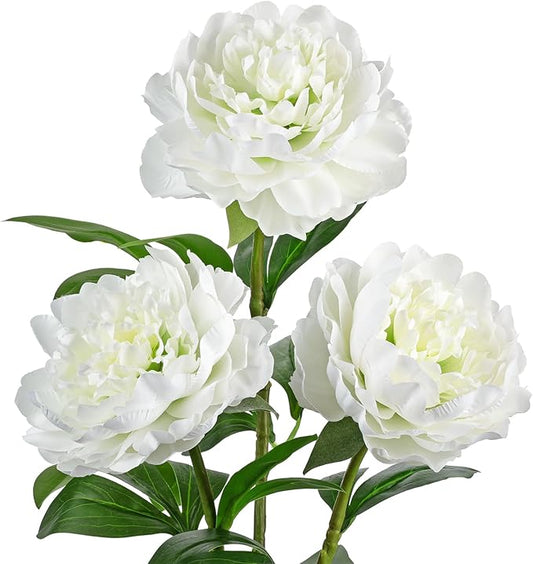 Briful 3PCS Faux Peony Flower Stems, 25.5" Artificial Peony Flowers Realistic Fake Flowers for Vase Arrangements Wedding Centerpieces Decoration(White)