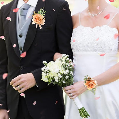 2 Pcs Rose Wrist Corsage and Boutonniere Set, Rose Corsage Hand for Women, Boutonniere for Men Wedding Artificial Flowers Accessories Prom Decor, Wedding Party Accessories (Orange)