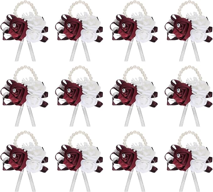 MECCANIXITY 12Pcs Wrist Corsage Artificial Flower Bracelets Rose Wrist Bride Groom Decorative for Wedding Ceremony Prom Party Anniversary Wine Red