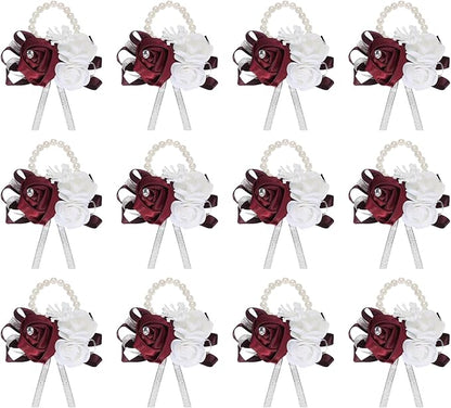 MECCANIXITY 12Pcs Wrist Corsage Artificial Flower Bracelets Rose Wrist Bride Groom Decorative for Wedding Ceremony Prom Party Anniversary Wine Red
