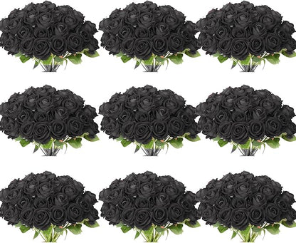 102 PCS Black Roses Artificial Flowers, Fake Roses Bouquet, Artificial Black Rose with Stems for Wedding Flowers Decoration, Valentines Day Mothers Day, Bridal Bouquet Rose