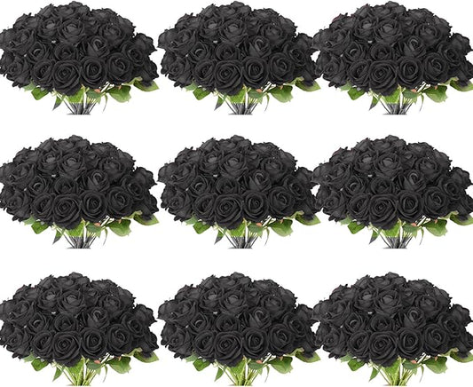 102 PCS Black Roses Artificial Flowers, Fake Roses Bouquet, Artificial Black Rose with Stems for Wedding Flowers Decoration, Valentines Day Mothers Day, Bridal Bouquet Rose