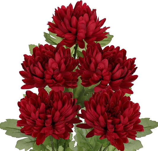 Hollyone 5Pcs Fake Mums Flowers Red Artificial Chrysanthemum Flowers Silk Long Stem Floral Arrangements Bouquets Faux Spider Mum Flower Pincushion Flower Bush Home Decor