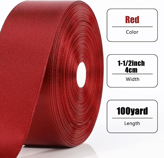 NESCCI 100 Yards Ribbon,1-1/2 Inch Wine Red Satin Ribbon,Single Face Satin Ribbons, Perfect for Gift Wrapping,Wedding Decoration,Handmade Bows, Wrapping Bouquet and More
