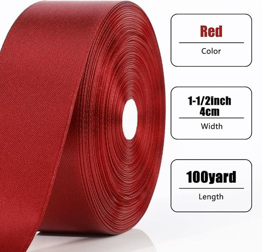NESCCI 100 Yards Ribbon,1-1/2 Inch Wine Red Satin Ribbon,Single Face Satin Ribbons, Perfect for Gift Wrapping,Wedding Decoration,Handmade Bows, Wrapping Bouquet and More