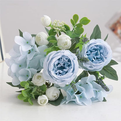 4 Bunches Artificial Flowers for Decoration Blue Peonies Fake Roses Arrangements Table Centerpiece Faux Flores for Wedding Home Vase Decor
