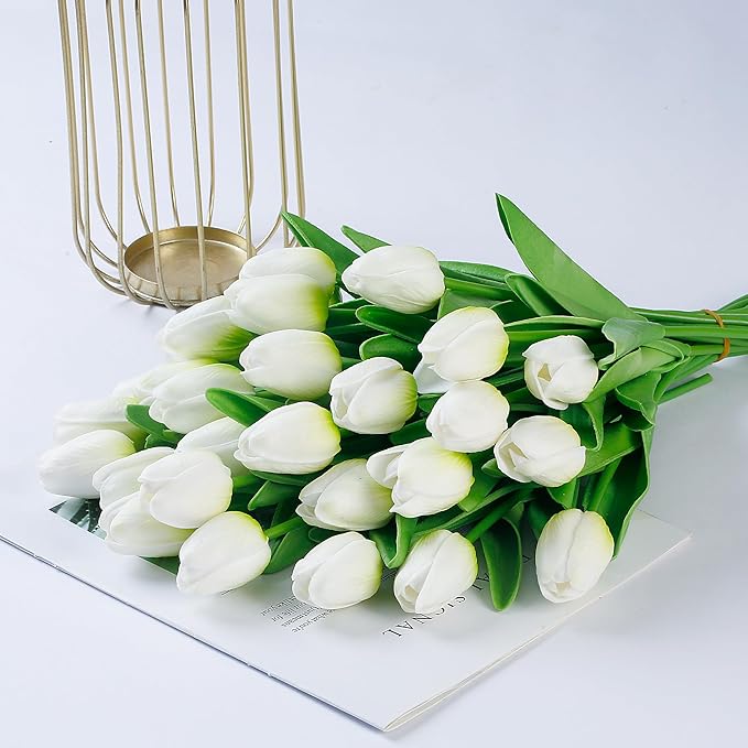 Sggvecsy 15 Pcs Fake Tulips Artificial Flowers Real Touch PU Faux Flowers Tulip Stems for Wedding Spring Bouquet Floral Arrangement Home Party Office Decorations for Mother's Day (Green White)