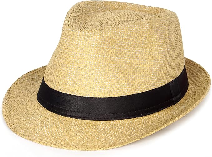 FADACHY Summer Straw Fedora Hat Short Brim Panama Sun Hat Trilby Beach Hat for Men & Women