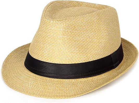 FADACHY Summer Straw Fedora Hat Short Brim Panama Sun Hat Trilby Beach Hat for Men & Women