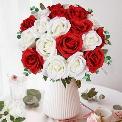 20PCS Artificial Roses with Long Stems - Realistic Silk Flowers, Fake Roses Real Touch Bouquet of Roses for Home Decor, Bridal Wedding Party Table Centerpieces, Bulk Faux Rose Flowers (White Red)