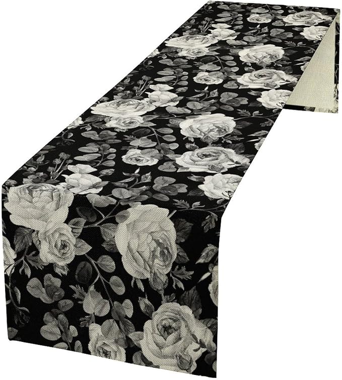 Vintage Black Flower Table Runner, Retro Roses Blossom Eucalyptus Plants Botanical Branches Dark Gothic Floral Table Runner for Home Party Indoor Outdoor Decor, 13x108inch