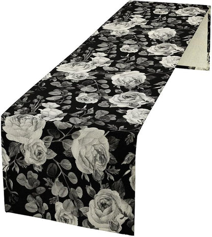 Vintage Black Flower Table Runner, Retro Roses Blossom Eucalyptus Plants Botanical Branches Dark Gothic Floral Table Runner for Home Party Indoor Outdoor Decor, 13x90inch