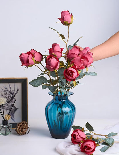Red Rose Artificial Flower Buds 12pcs Realistic Faux Silk Roses Fake Flowers Bouquets Arrangements Decor for Wedding Spring Mother's Day, Home Table Decorations, Dark Magenta Flower