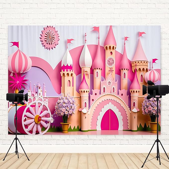 5x3ft Princess Castle Backdrop Pink Purple Floral Girl Birthday Photography Background Kids Birthdays Newborn Baby Shower Banner Decorations Wedding Party Portrait Photo Booth Prop
