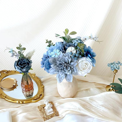 Dusty Blue Artificial Flowers Combo Box Set Silk Roses Dahlia with Stems DIY Bridal Wedding Bouquets Navy Royal Blue Cake Fake Floral Arrangements Baby Shower Party Table Centerpieces Home Decor Bulks