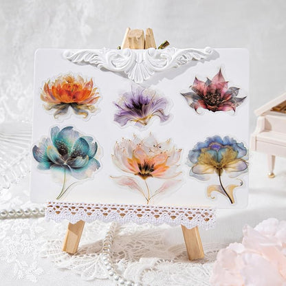 90pcs Watercolor Floral Scrapbook Stickers Set, Transparent PET Vintage Flower Stickers Decals with Smudge Effect for Journaling, Planners, Card Making, DIY Crafts and Scrapbooking