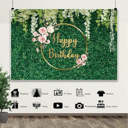 8x6ft Happy Birthday Backdrop Green Grass Flowers Wall Greenery Green Leaves Nature Botanical Photography Background Birthday Party Anniversary Portrait Studio Photo Props Polyester