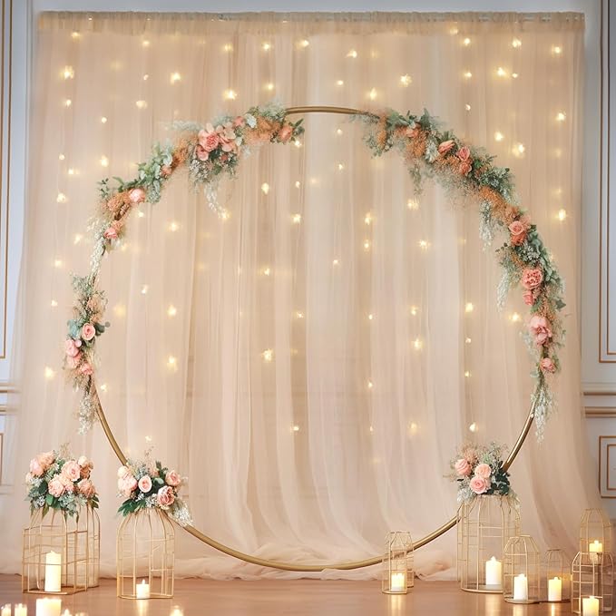 20x8ft Champagne Tulle Backdrop Curtain with Lights String for Parites, Sheer Backdrop Curtains for Wedding Baby Shower Birthday Party Photo Shoot Decorations