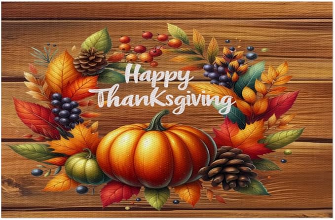Thanksgiving Pumpkin Holiday Rainbow Placemats Set of 4 PVC Vinyl Non Slip Table Mats Heat Resistant Place Mats Washable Wipeable Dining Table Mat for Kitchen Party Indoor Outdoor Decorative Gift