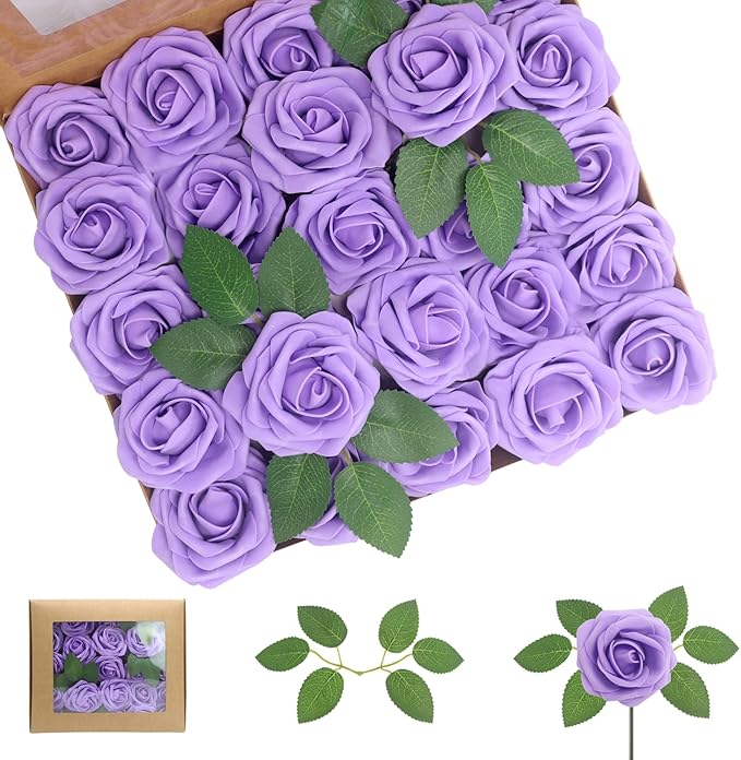 100PCS Artificial Flowers Purple Roses Real Looking Foam Fake Roses with Leaves and for DIY Wedding Bouquets Bridal Shower Centerpieces Party Decorations (Purple, 100)